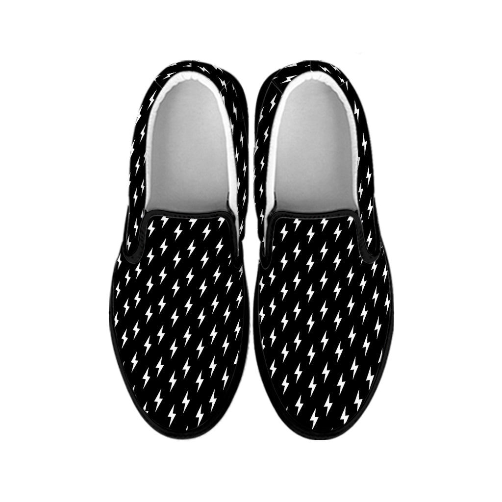 Black And White Lightning Pattern Print Black Slip On Shoes