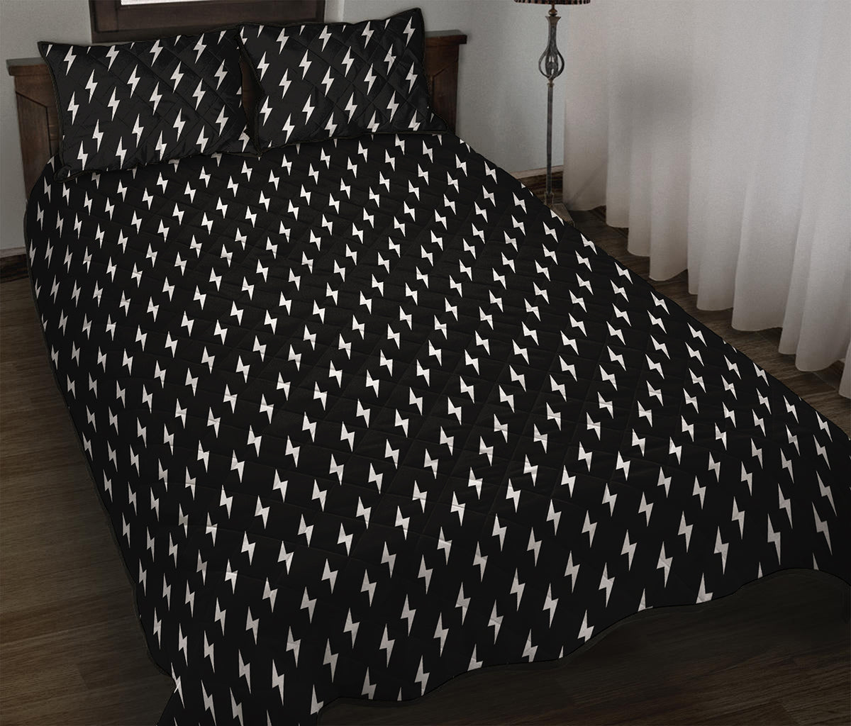 Black And White Lightning Pattern Print Quilt Bed Set