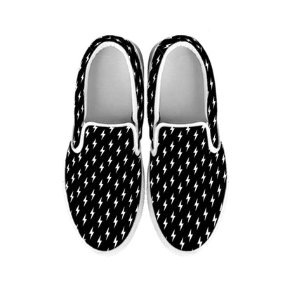 Black And White Lightning Pattern Print White Slip On Shoes