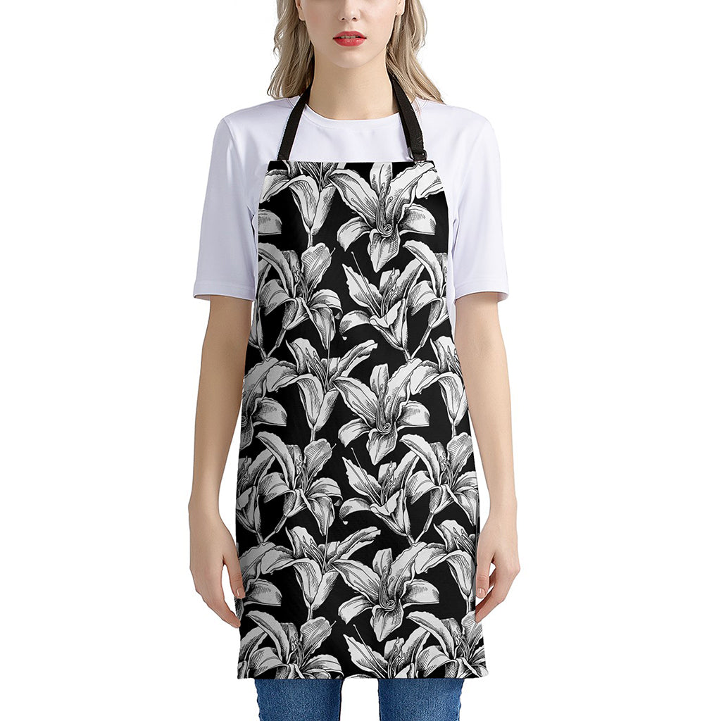 Black And White Lily Pattern Print Apron