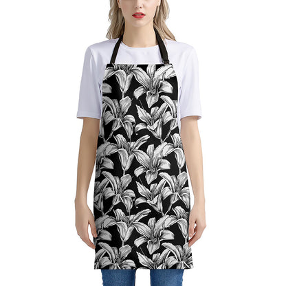 Black And White Lily Pattern Print Apron