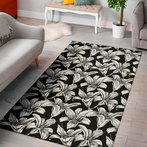 Black And White Lily Pattern Print Area Rug