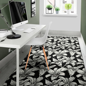 Black And White Lily Pattern Print Area Rug