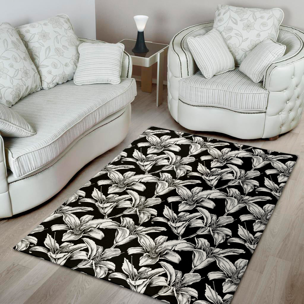 Black And White Lily Pattern Print Area Rug