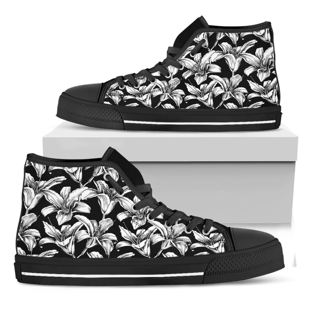 Black And White Lily Pattern Print Black High Top Shoes