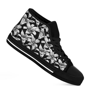 Black And White Lily Pattern Print Black High Top Shoes
