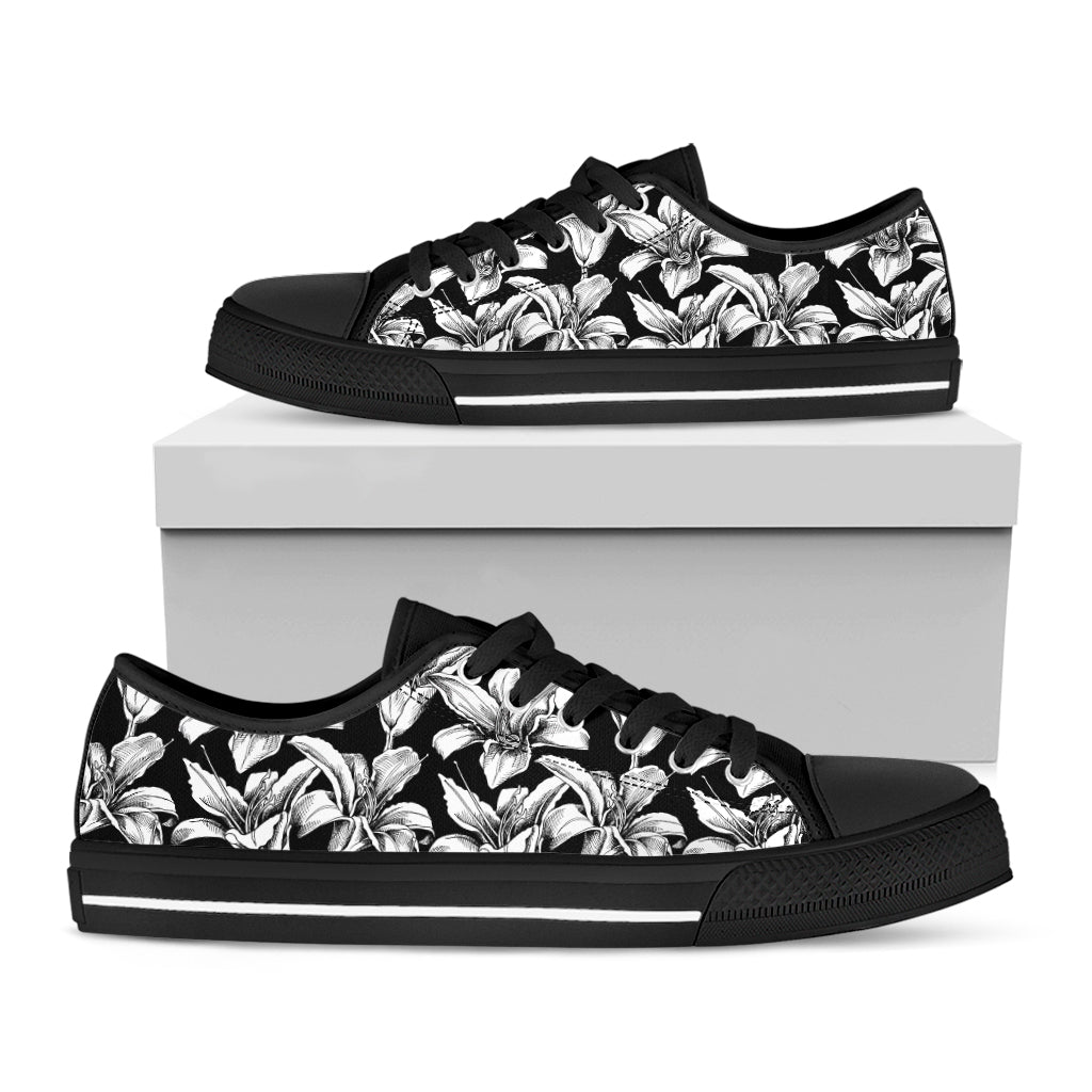 Black And White Lily Pattern Print Black Low Top Shoes