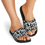 Black And White Lily Pattern Print Black Slide Sandals