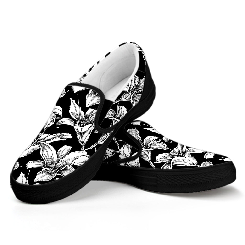 Black And White Lily Pattern Print Black Slip On Shoes