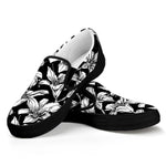 Black And White Lily Pattern Print Black Slip On Shoes