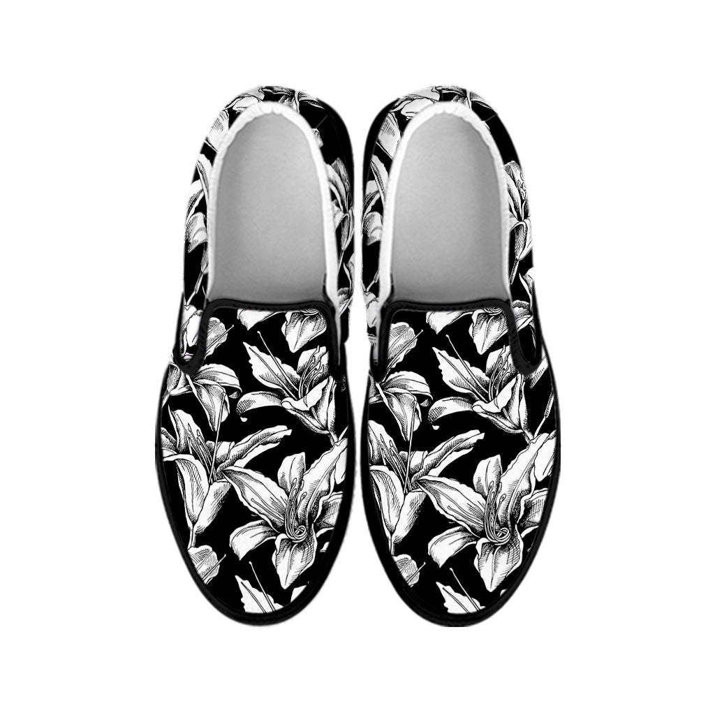 Black And White Lily Pattern Print Black Slip On Shoes