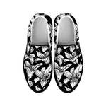 Black And White Lily Pattern Print Black Slip On Shoes