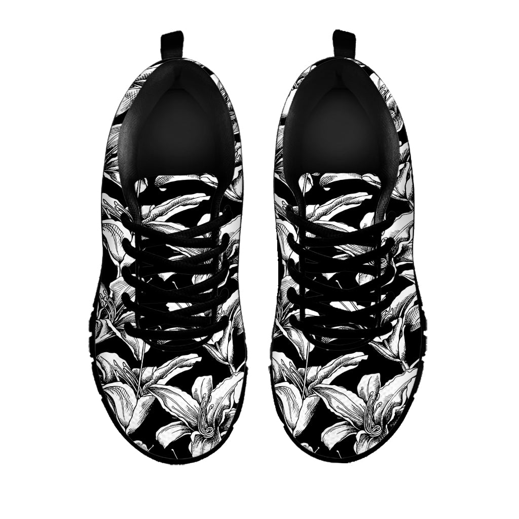 Black And White Lily Pattern Print Black Sneakers