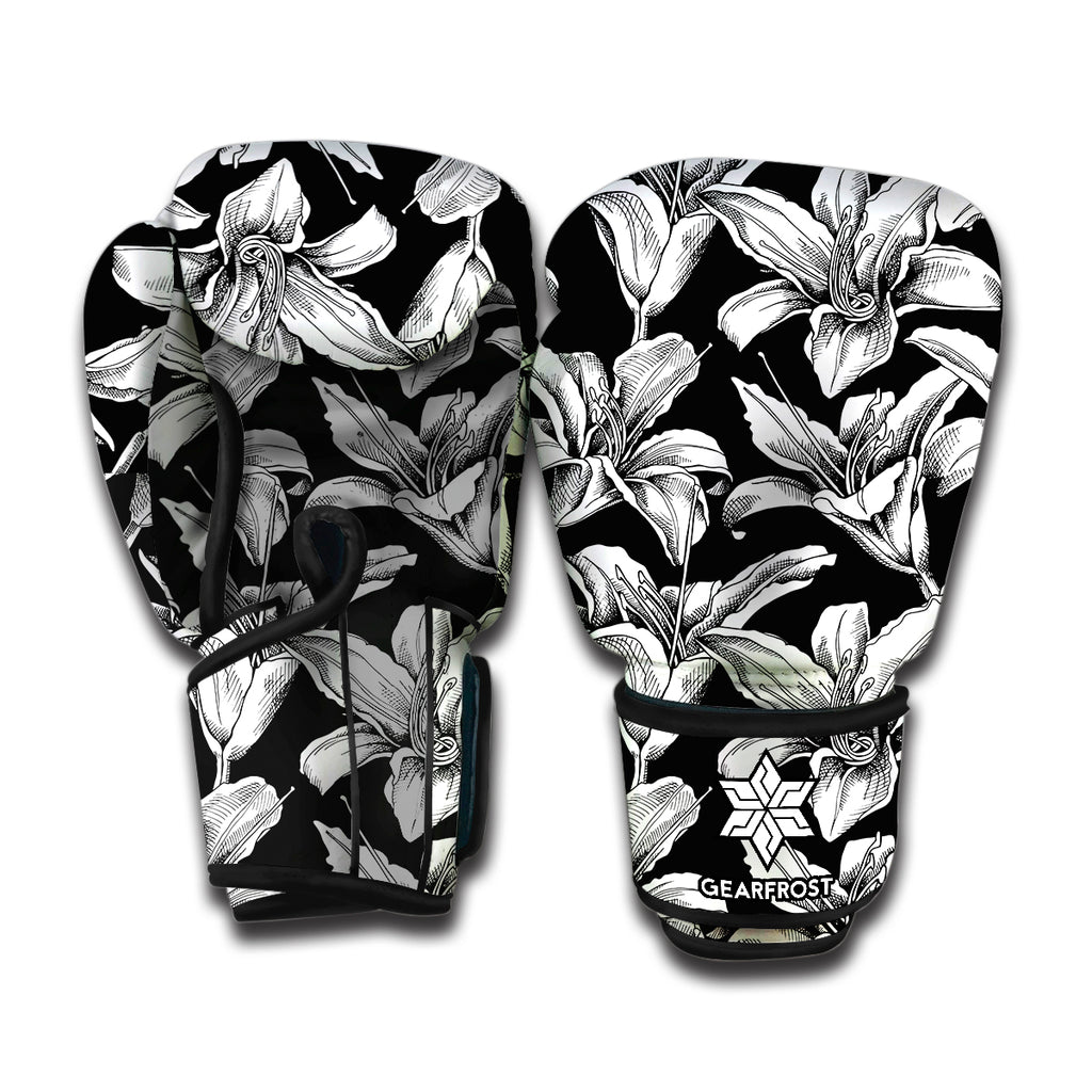 Black And White Lily Pattern Print Boxing Gloves
