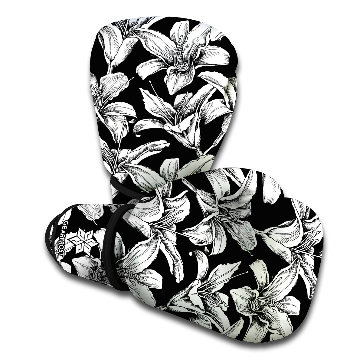 Black And White Lily Pattern Print Boxing Gloves
