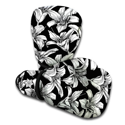 Black And White Lily Pattern Print Boxing Gloves