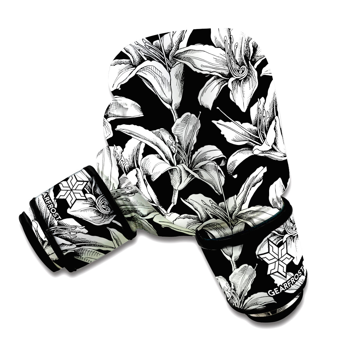 Black And White Lily Pattern Print Boxing Gloves