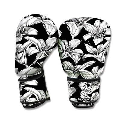 Black And White Lily Pattern Print Boxing Gloves