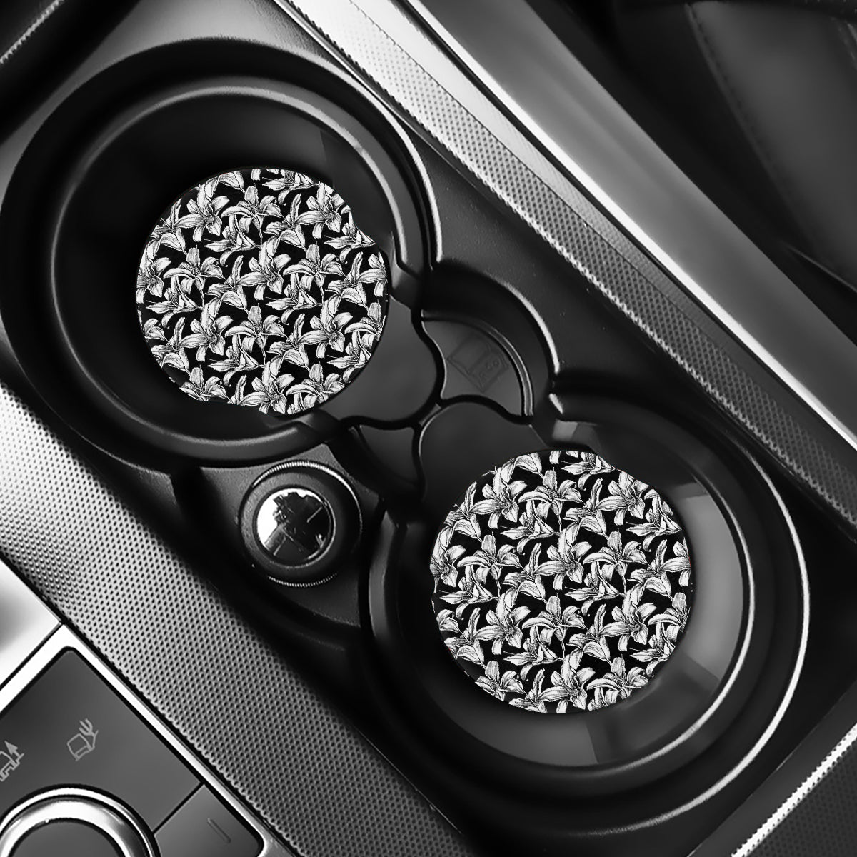 Black And White Lily Pattern Print Car Coasters