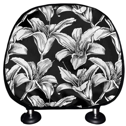 Black And White Lily Pattern Print Car Headrest Covers