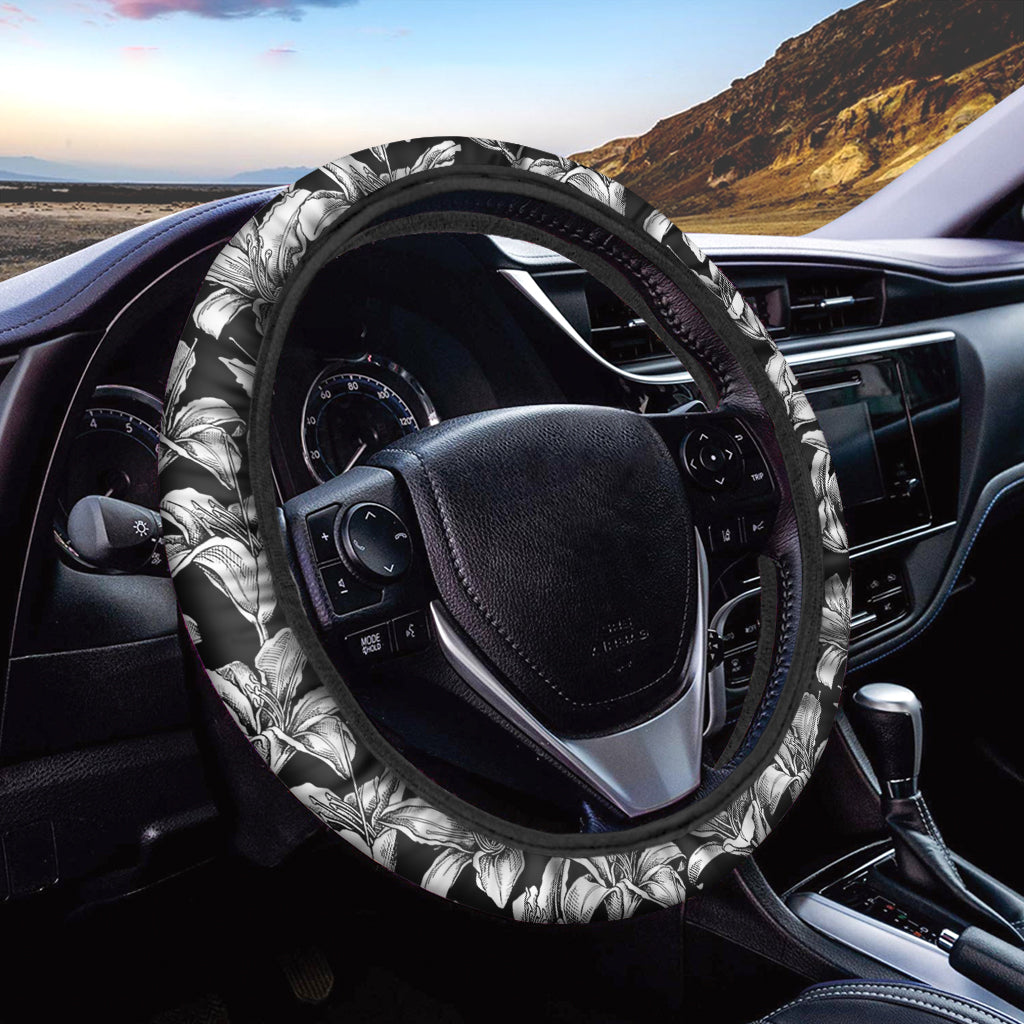 Black And White Lily Pattern Print Car Steering Wheel Cover