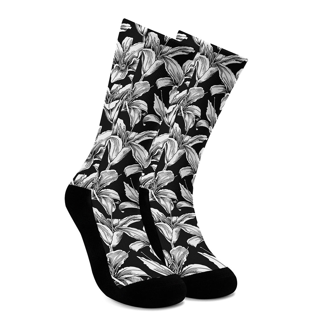 Black And White Lily Pattern Print Crew Socks