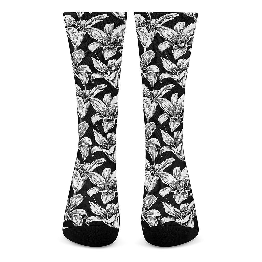 Black And White Lily Pattern Print Crew Socks