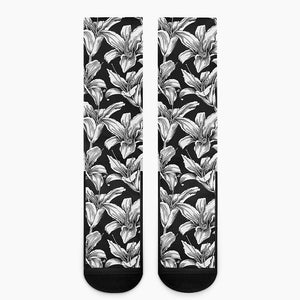 Black And White Lily Pattern Print Crew Socks