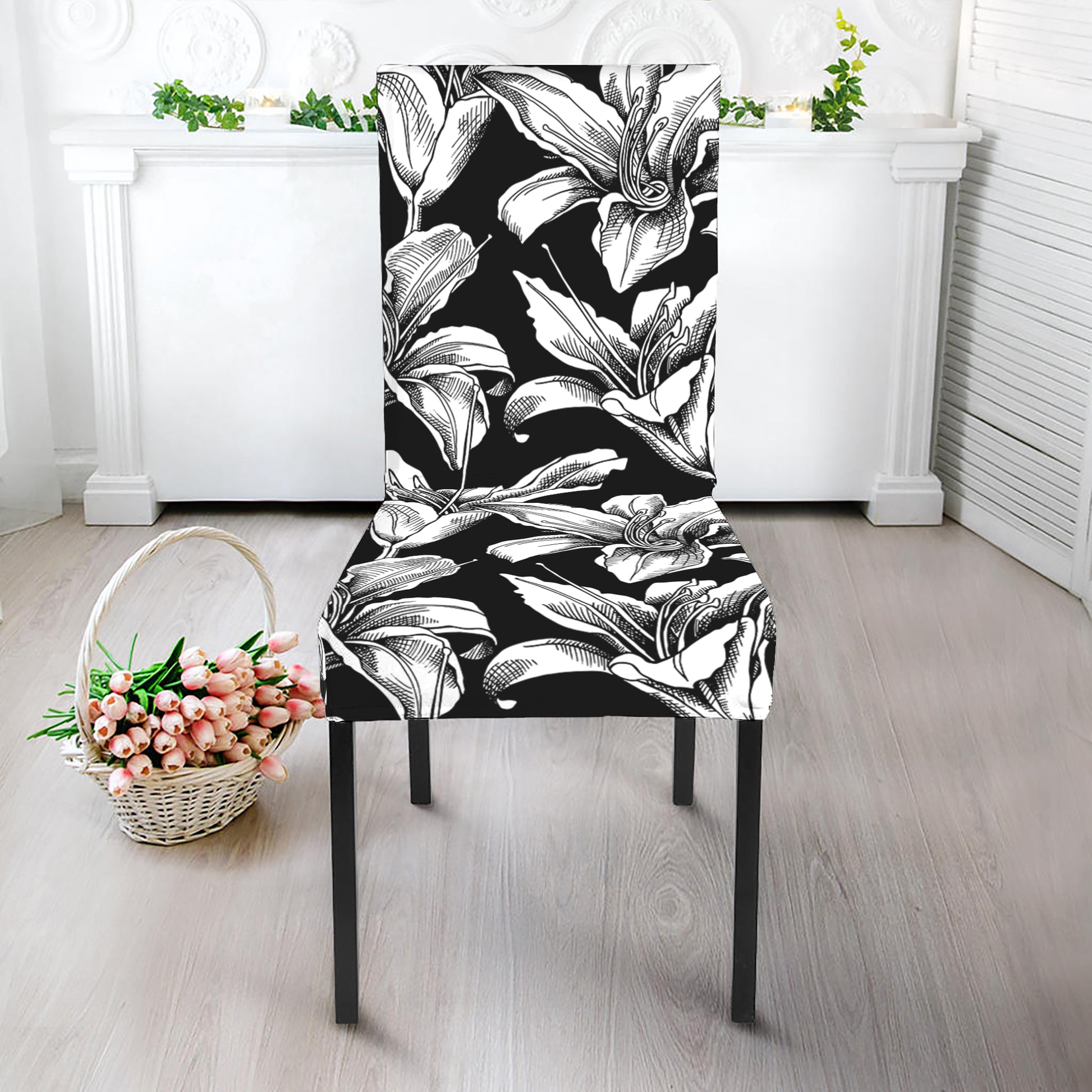 Black And White Lily Pattern Print Dining Chair Slipcover