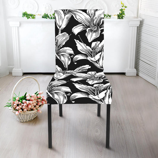 Black And White Lily Pattern Print Dining Chair Slipcover