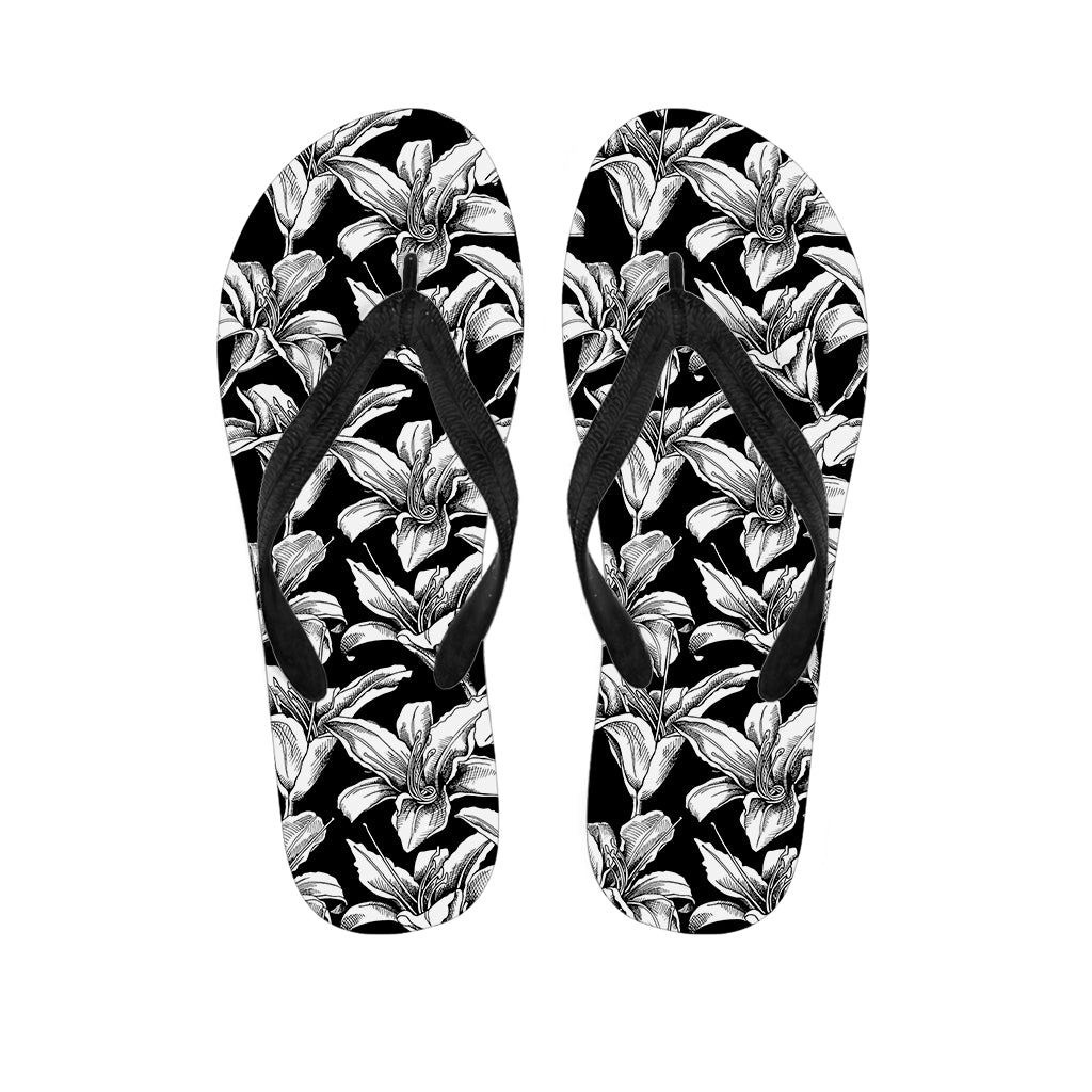 Black And White Lily Pattern Print Flip Flops