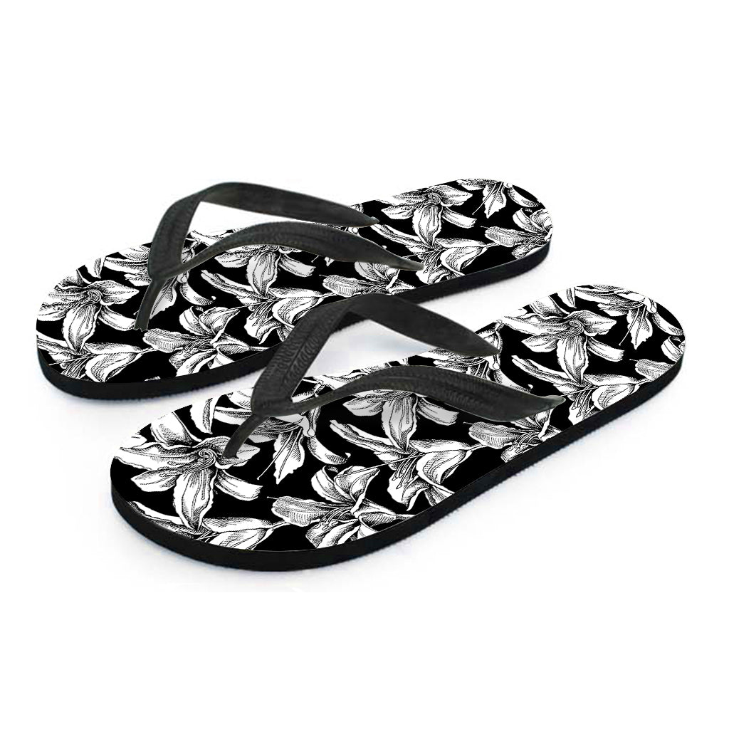 Black And White Lily Pattern Print Flip Flops