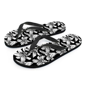 Black And White Lily Pattern Print Flip Flops