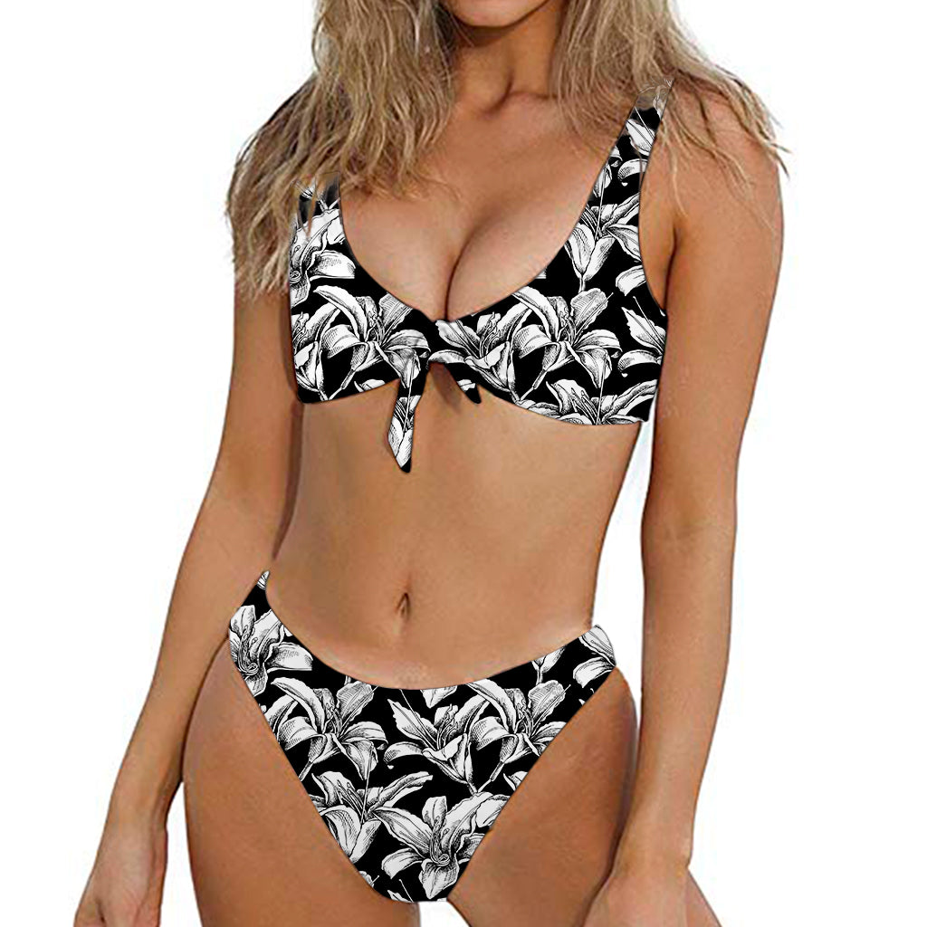 Black And White Lily Pattern Print Front Bow Tie Bikini