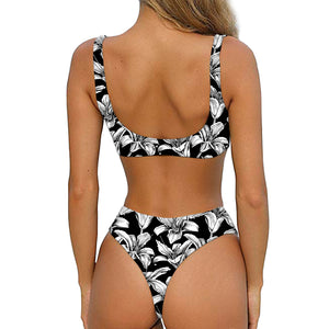 Black And White Lily Pattern Print Front Bow Tie Bikini