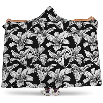 Black And White Lily Pattern Print Hooded Blanket