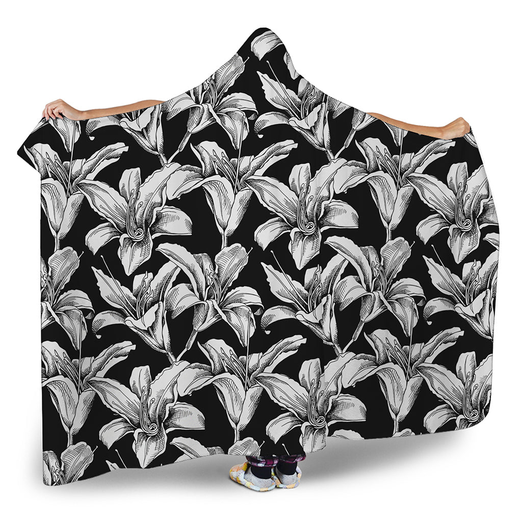 Black And White Lily Pattern Print Hooded Blanket
