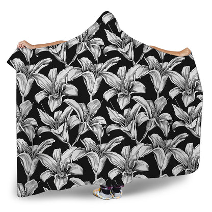 Black And White Lily Pattern Print Hooded Blanket