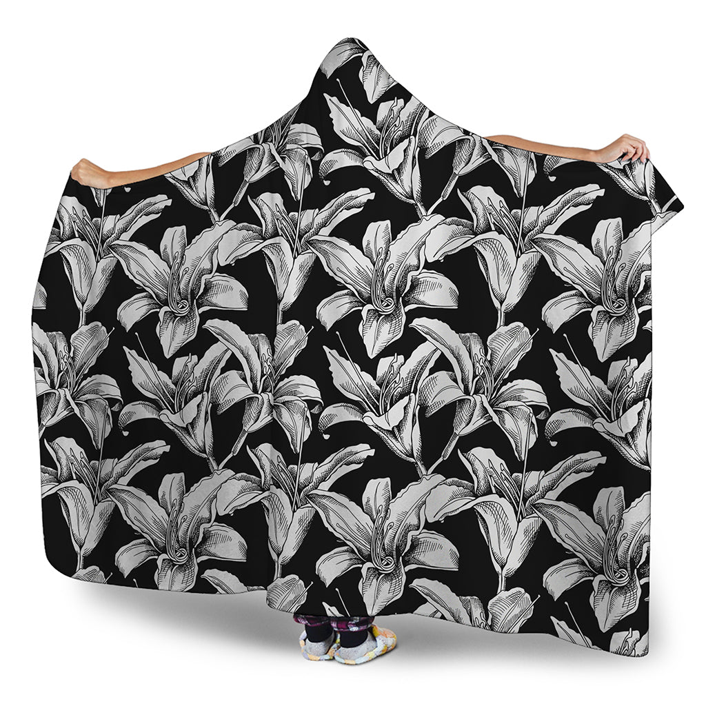 Black And White Lily Pattern Print Hooded Blanket