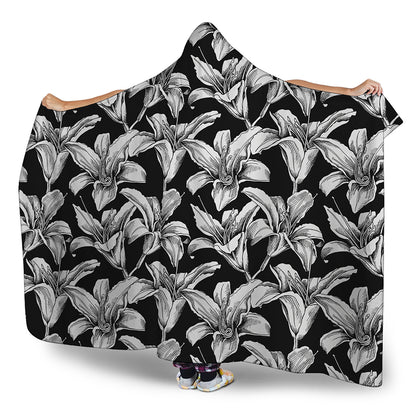 Black And White Lily Pattern Print Hooded Blanket