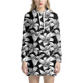 Black And White Lily Pattern Print Pullover Hoodie Dress