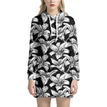 Black And White Lily Pattern Print Hoodie Dress