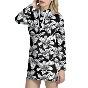 Black And White Lily Pattern Print Hoodie Dress