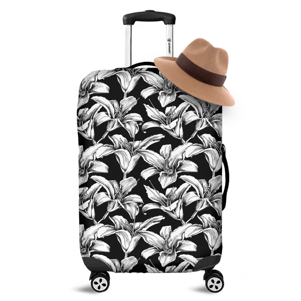 Black And White Lily Pattern Print Luggage Cover