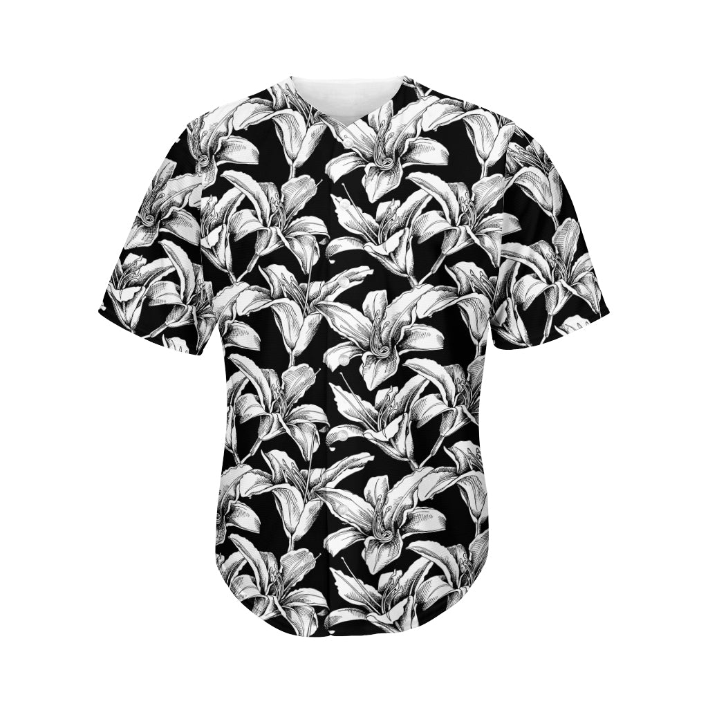 Black And White Lily Pattern Print Men's Baseball Jersey