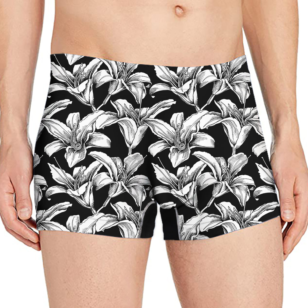 Black And White Lily Pattern Print Men's Boxer Briefs