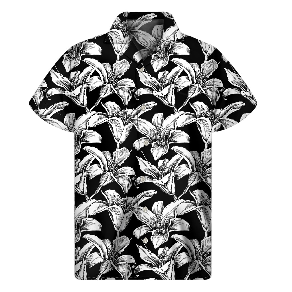 Black And White Lily Pattern Print Men's Short Sleeve Shirt
