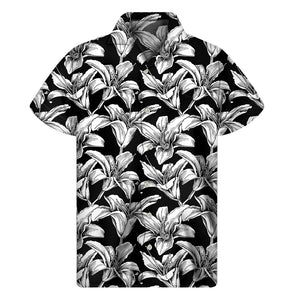 Black And White Lily Pattern Print Men's Short Sleeve Shirt