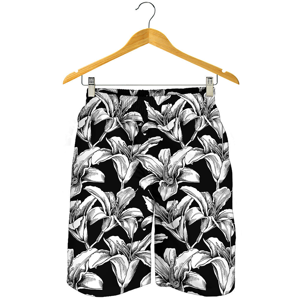 Black And White Lily Pattern Print Men's Shorts