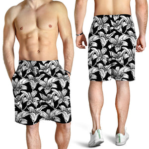 Black And White Lily Pattern Print Men's Shorts